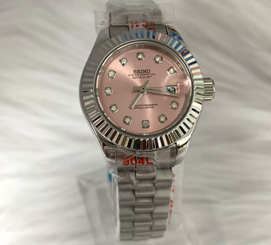Datejust 28 Blush — 28mm case, fluted bezel, pink diamond-set dial