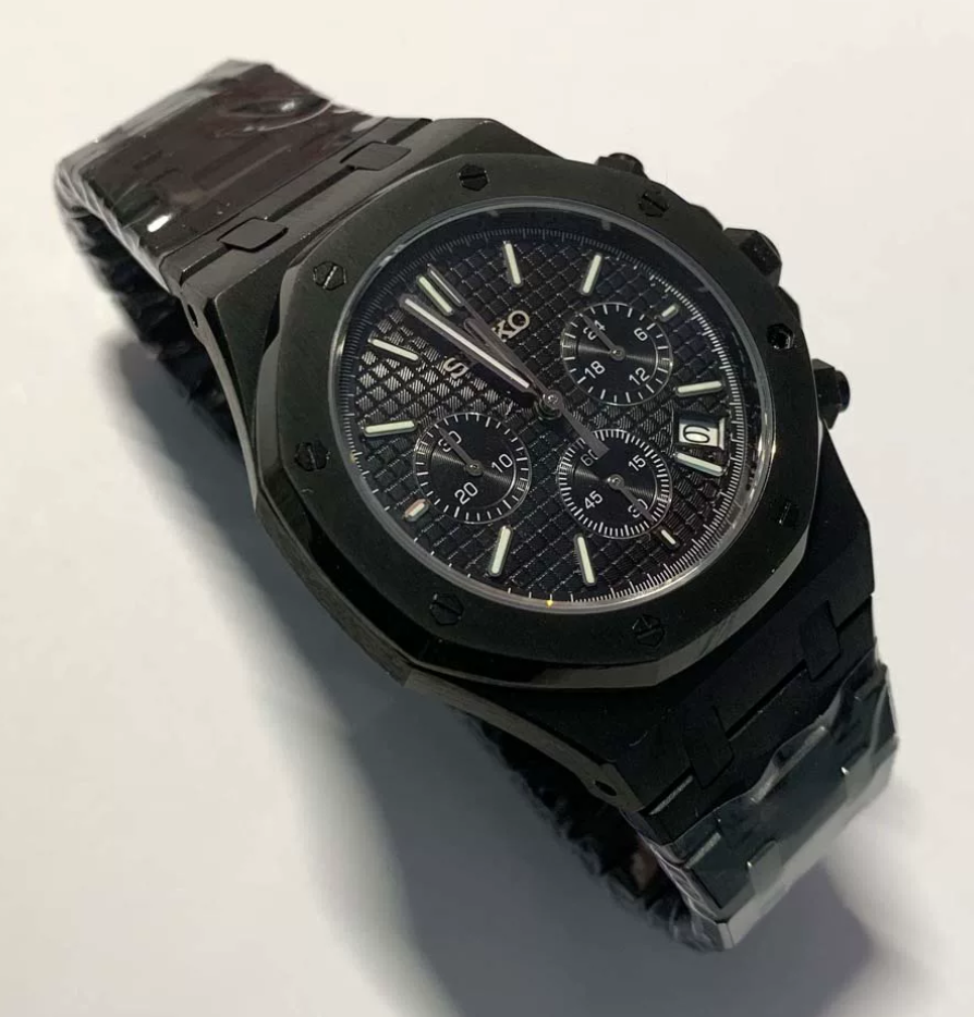 Octagon Noir — Blacked-out case, tapisserie chronograph dial