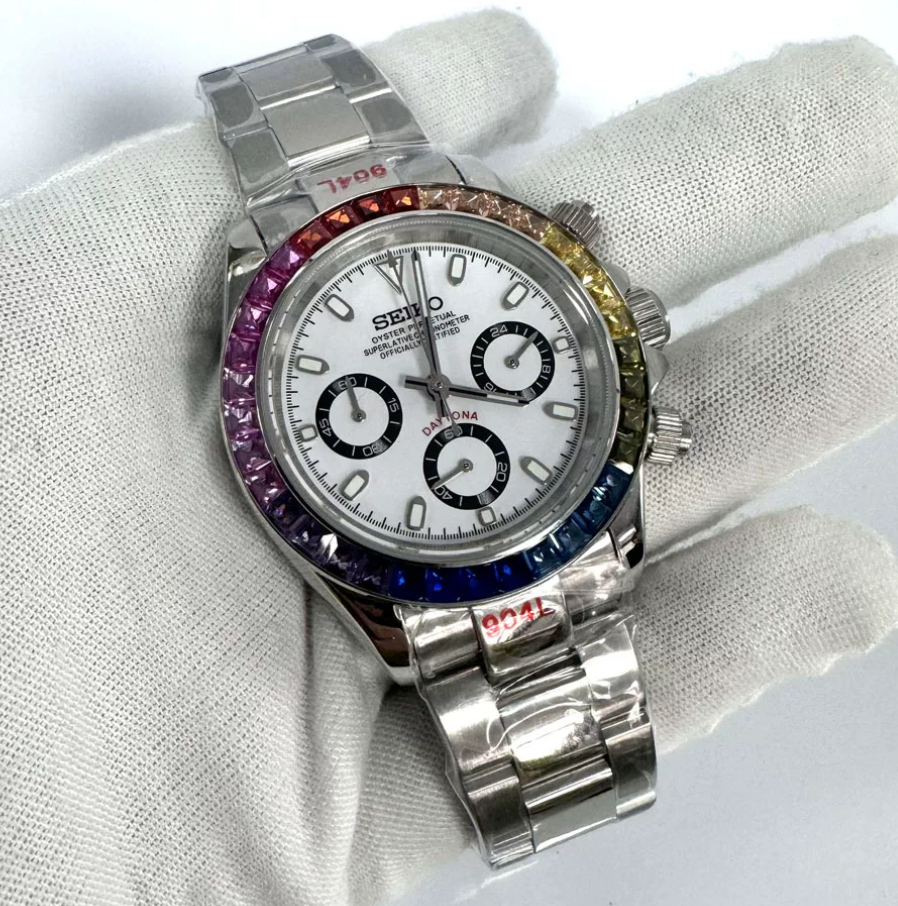 Daytona Rainbow Steel — Steel case, rainbow stone-set bezel, white dial